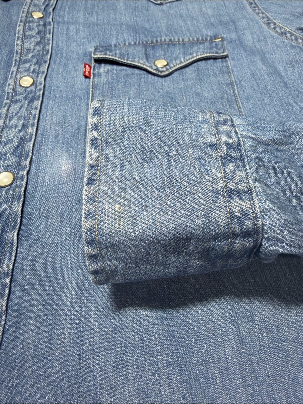 Levi’s Mens Large Western Pearl Snap Denim Shirt Blue Long Sleeve Cowboy Ranch - Picture 10 of 12